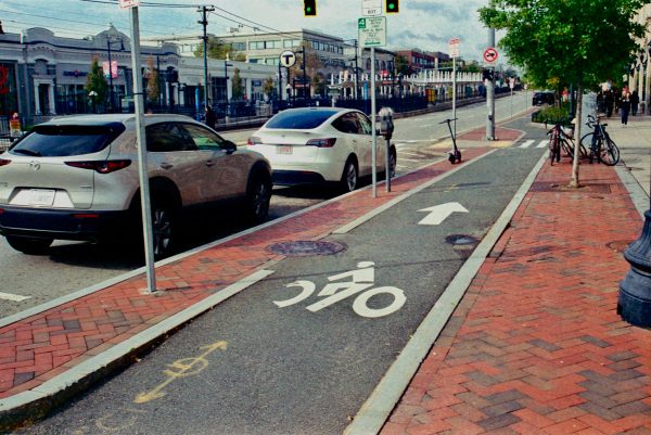 A bike lane on Commonwealth Avenue in Boston